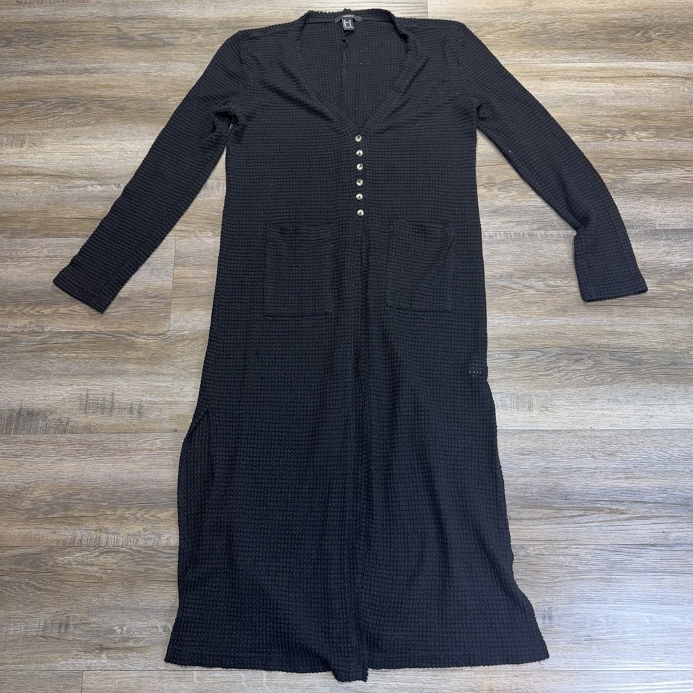 Forever 21 Black Waffle-Knit Long-Sleeve Maxi Dress Womens M V-Neckline